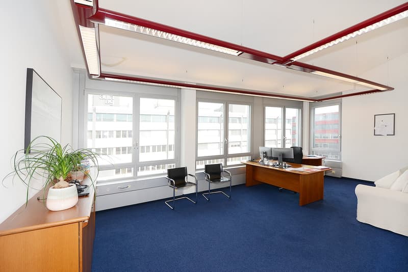 a desk, chairs, plant, windows, carpet, monitor, keyboard, mouse