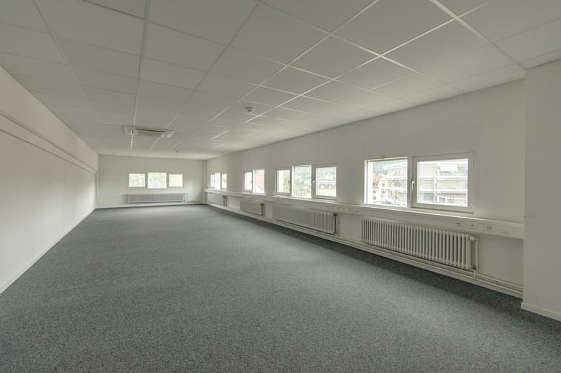 empty office room, white walls, grey carpeted floor, windows, radiators, ceiling with white tiles