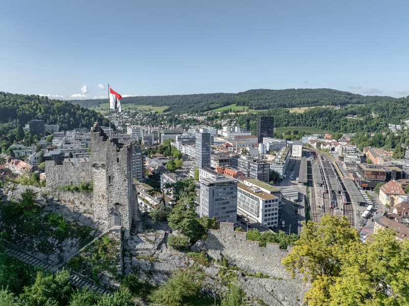 a view from the top of the city showing different buildings, mountains, and a flag