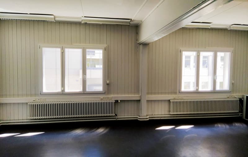 Empty room, wooden paneling, two windows, two radiators