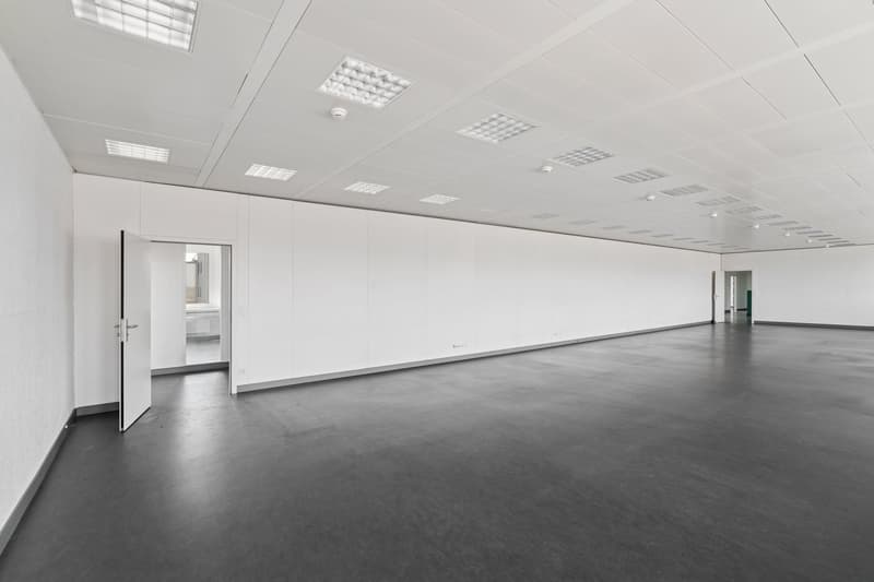 Empty room, white walls, gray flooring, white ceiling, square panels, open door.
