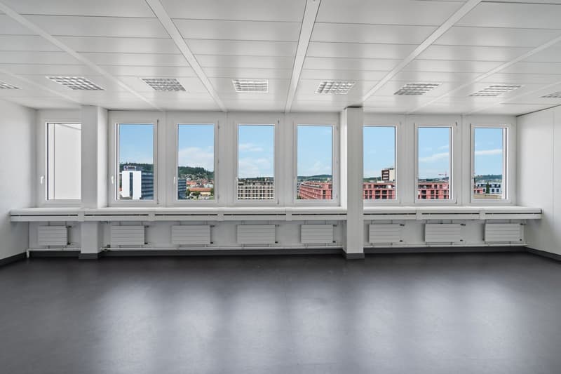 empty room, white walls, white ceiling, 7 windows, black floor