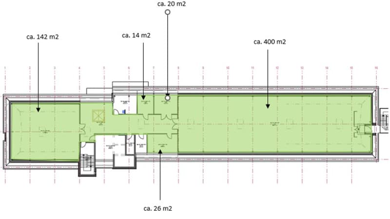 A rectangular floor plan with various rooms including a large central space, two smaller rooms, a bathroom, and a kitchen