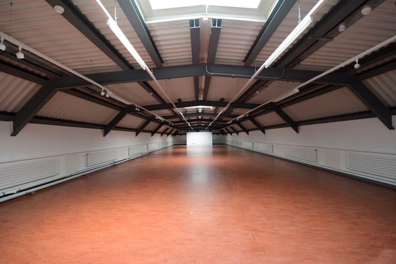 large empty room, red floor, metal roof, metal wall structures, skylights, large doors
