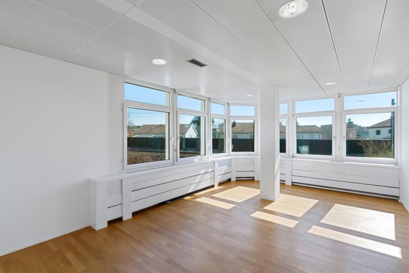 Modern room with white walls, large windows with ample sunlight, wooden floor, central pillar