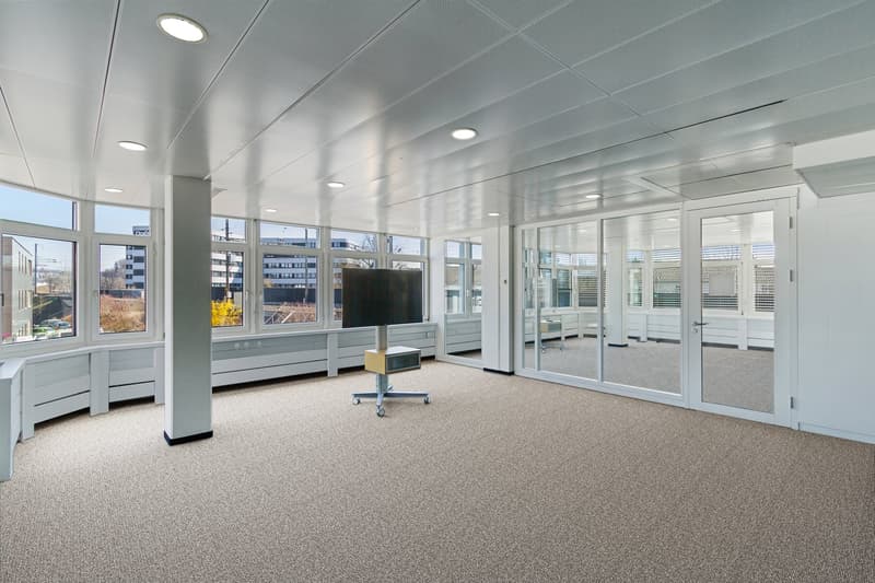 large room, glass windows, carpeted floor, television, empty