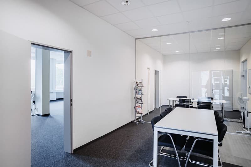modern, minimalistic office space, glass walls, white desks, black chairs, carpeted floor, neutral color scheme