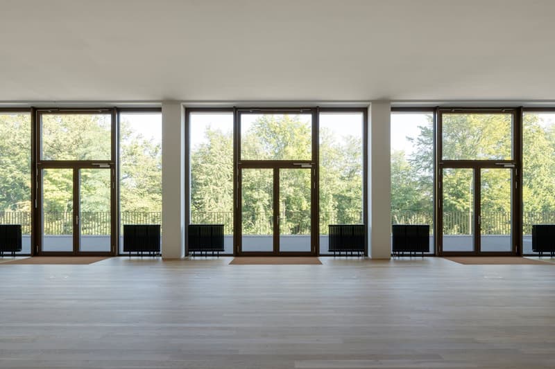 large windows, balcony, hardwood floor, radiators, railings
