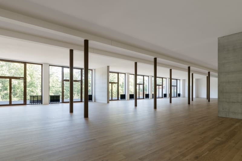 large open space, wooden floor, large windows, pillars, balcony