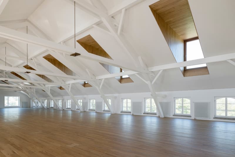 large open space, wooden floor, white walls, wooden beams, windows, skylights