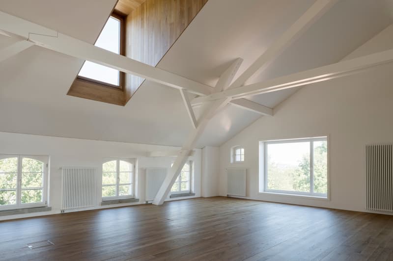 empty room, wooden floor, white walls, white beams, windows, skylights