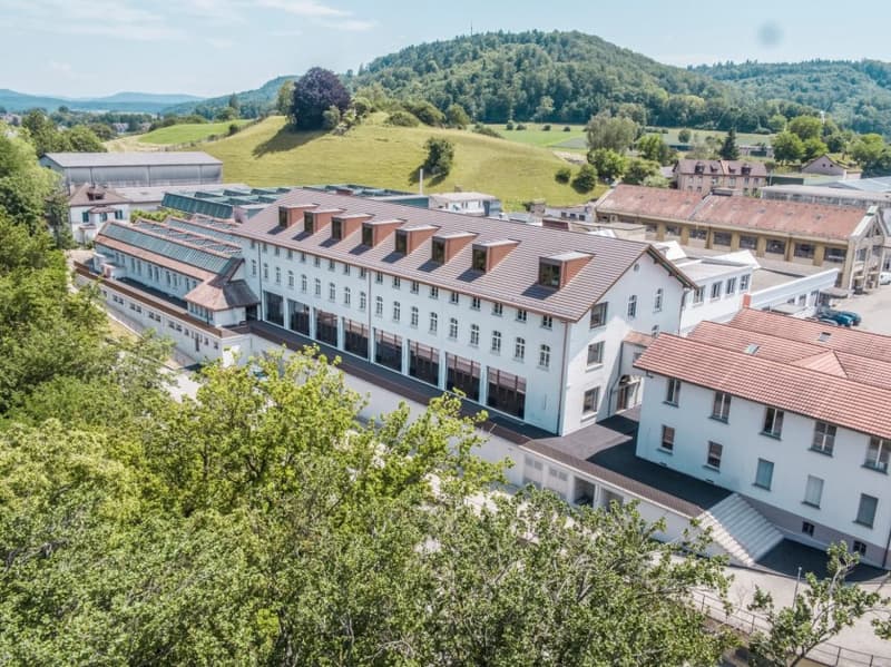 Large building with white exterior, brown roof, many windows, surrounded by trees and green hills.