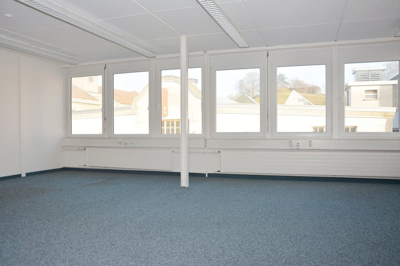 The image shows a large, open office space with white walls, a suspended ceiling, and large windows that provide natural light. The floor is covered in a gray, speckled carpet. The space appears to be empty and ready for use.