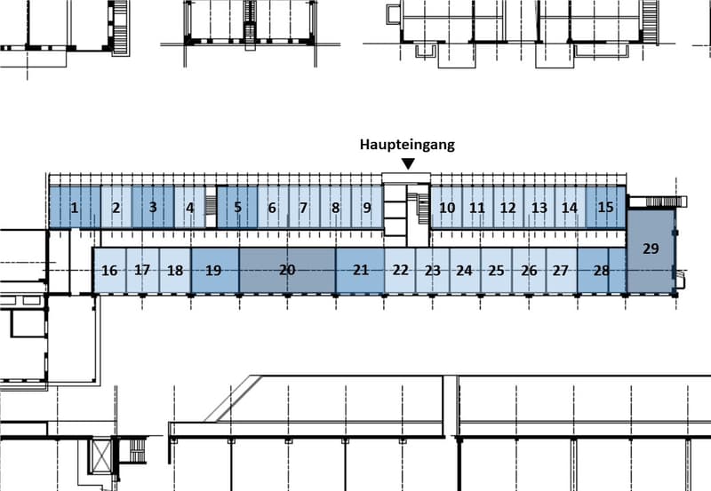 The image shows a floor plan with numbered rooms. The main entrance is indicated by an arrow labeled 'Haupteingang'. The rooms are numbered from 1 to 29.