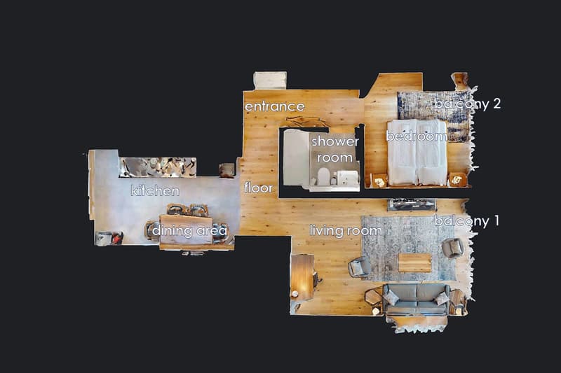 entrance, living room, dining area, kitchen, bedroom, shower room, floor, balcony 1, balcony 2