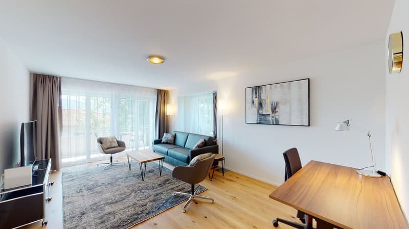 Wooden floor, Blue couch, coffee table, 2 armchairs, TV, rug, desk, chairs, wall lamp, painting