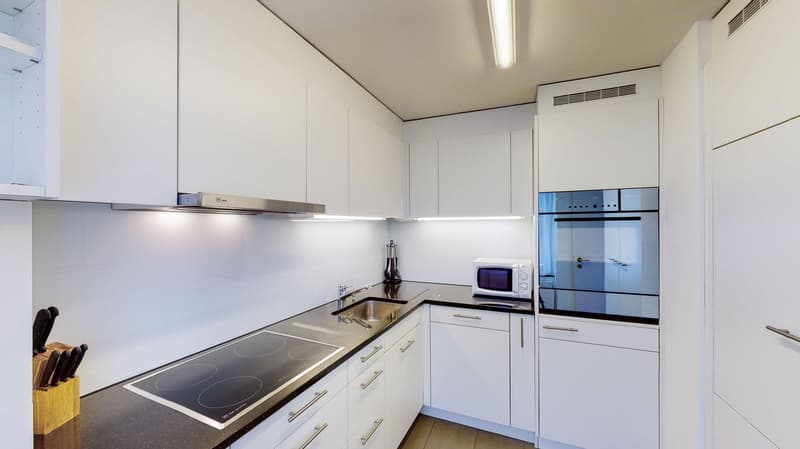 modern kitchen, white cabinets, black countertops, induction stove, sink, stainless steel appliances, microwave