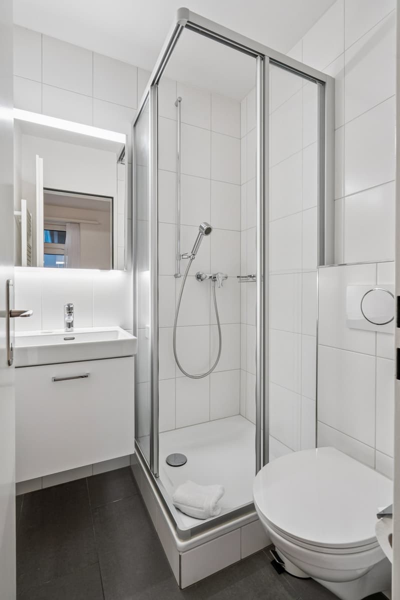 Tiled walls and floors, glass shower enclosure, shower head, towel, toilet, sink, mirror, towel rack
