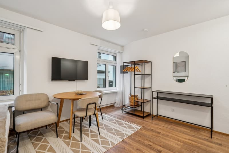 Dining area with a wooden table, dining chairs, couch, and wall-mounted TV; a standing shelf with hangers and a basket; a mirror attached to the wall, a console table, and a carpet.