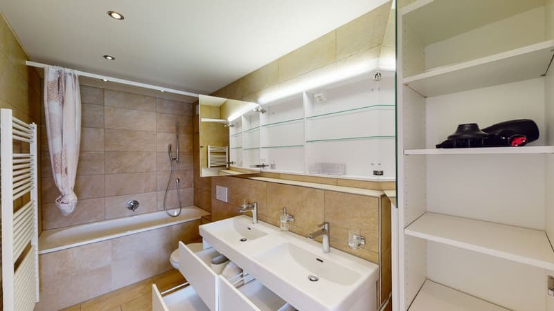 Bathroom, bathtub, double sink, shelves, shower, toilet, radiator