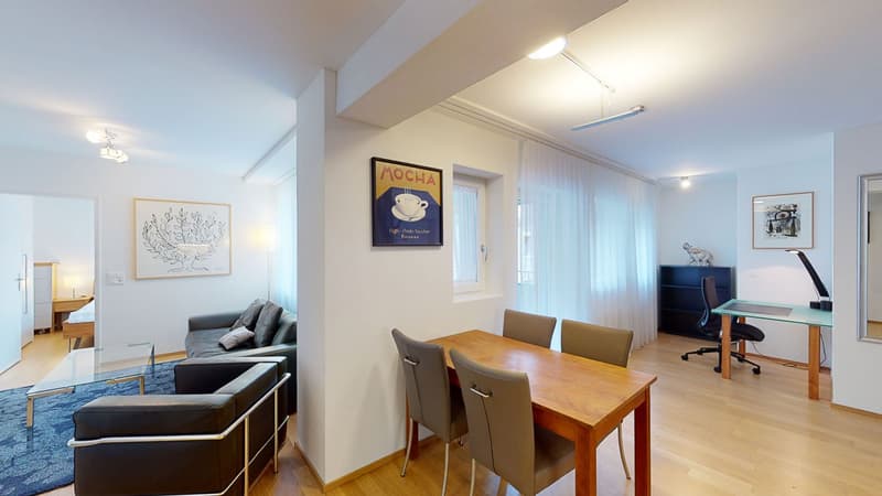 modern apartment, wooden floor, glass dining table with chairs, leather sofa, modern wall art, glass coffee table, dining area adjacent to living area