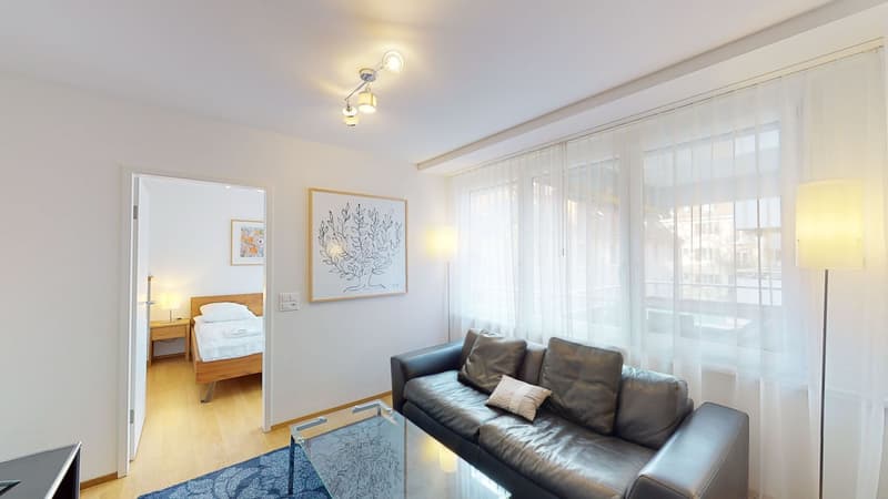 Black leather couch, white curtains, picture frame, rug, floor lamp, glass coffee table