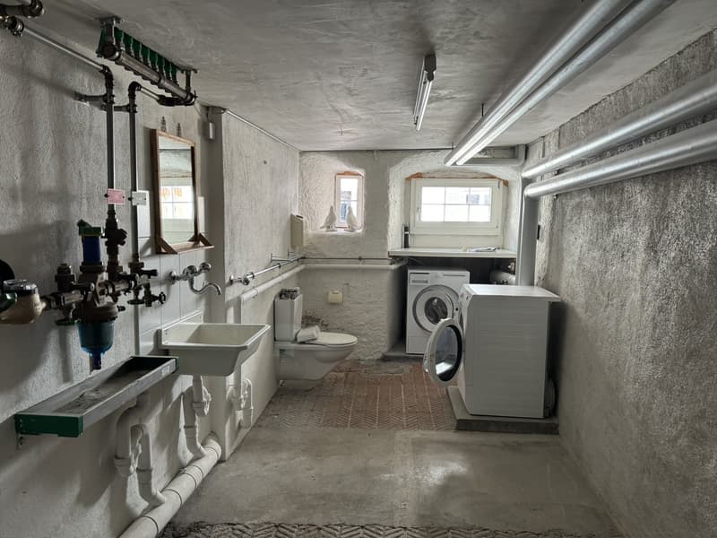 washer and dryer, sink, toilet, mirror