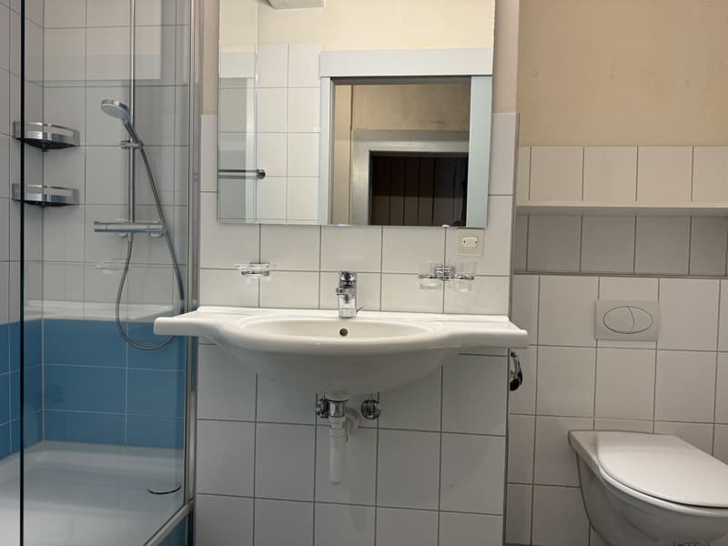 White tiles, white sink, mirror, shower, toilet, wall-mounted power outlet