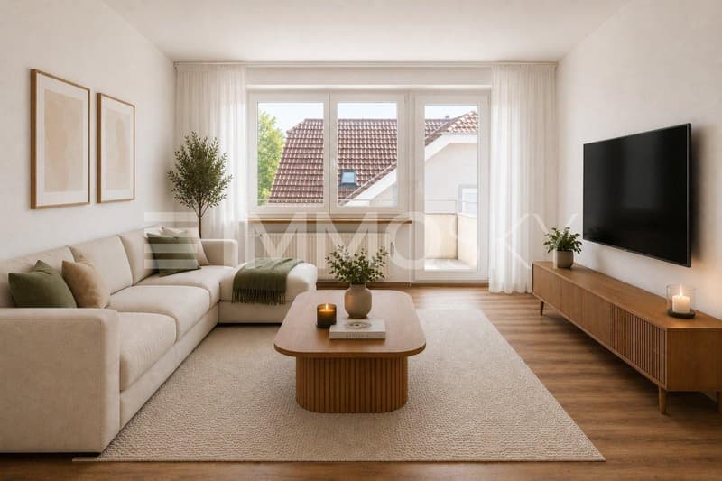 Lichtdurchflutetes Wohnzimmer mit direktem Balkonzugang