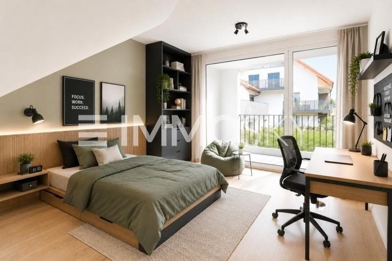 Jolie chambre lumineuse côté jardin homestaging