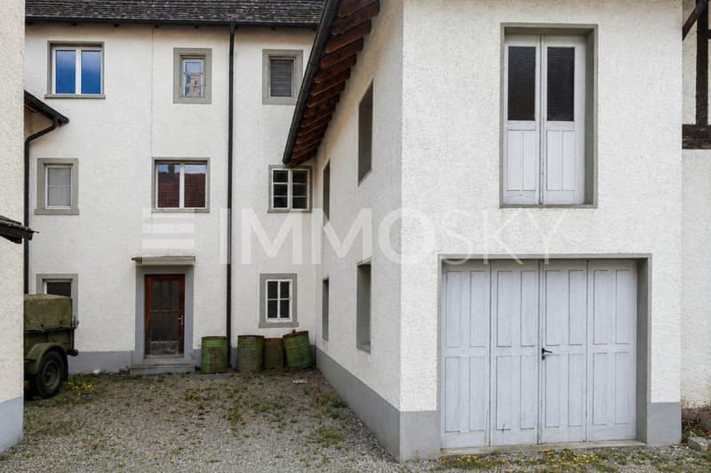 Garage, Hintereingang und oben rechts das Atelier