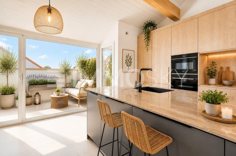 Superbe cuisine lumineuse donnant sur le balcon homestaging