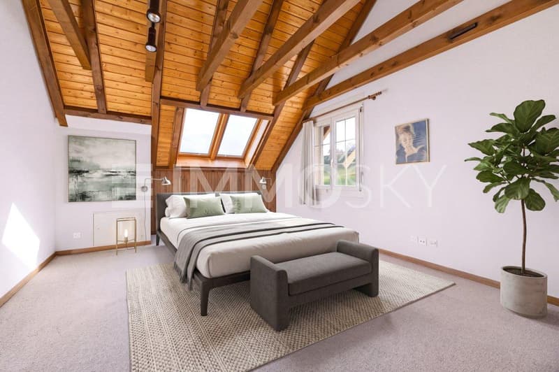 Traumhaftes Schlafzimmer mit Dachbalken
