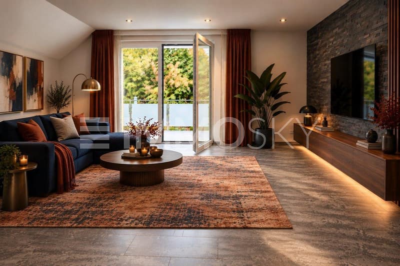 Modernes Wohnzimmer mit Balkon virtuell möbliert