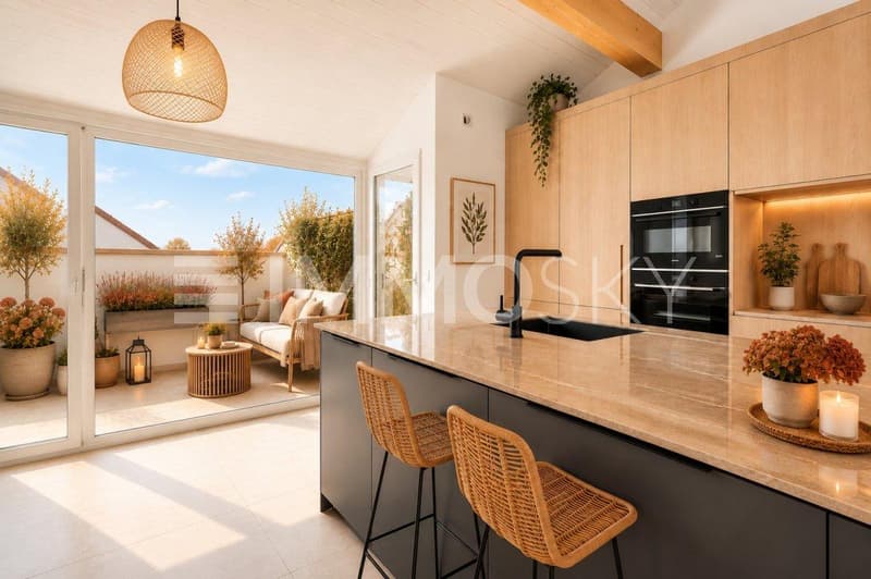 Superbe cuisine lumineuse donnant sur le balcon homestaging