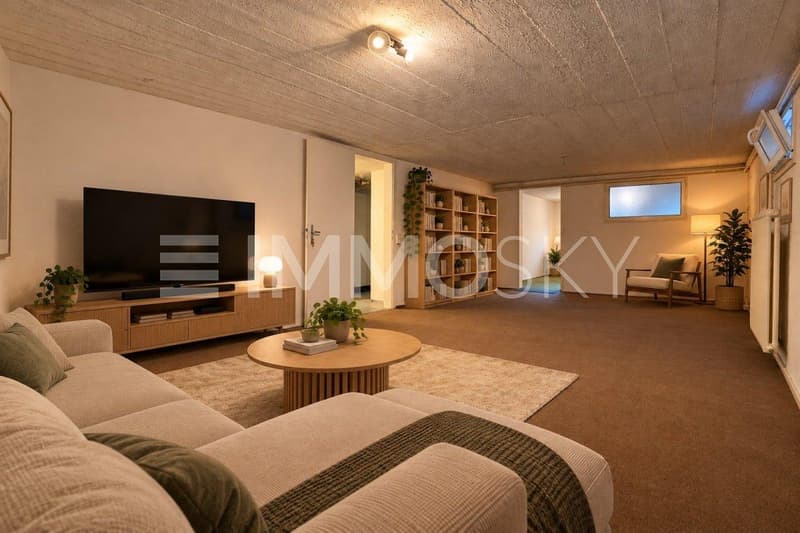 Salle polyvalente au sous-sol (aménagement IA)