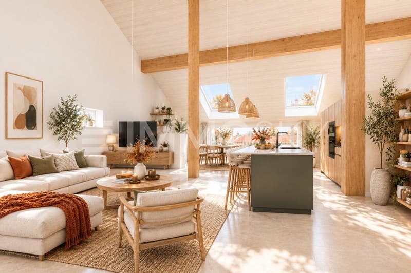 Magnifique pièce de vie avec belle hauteur sous-plafond homestaging