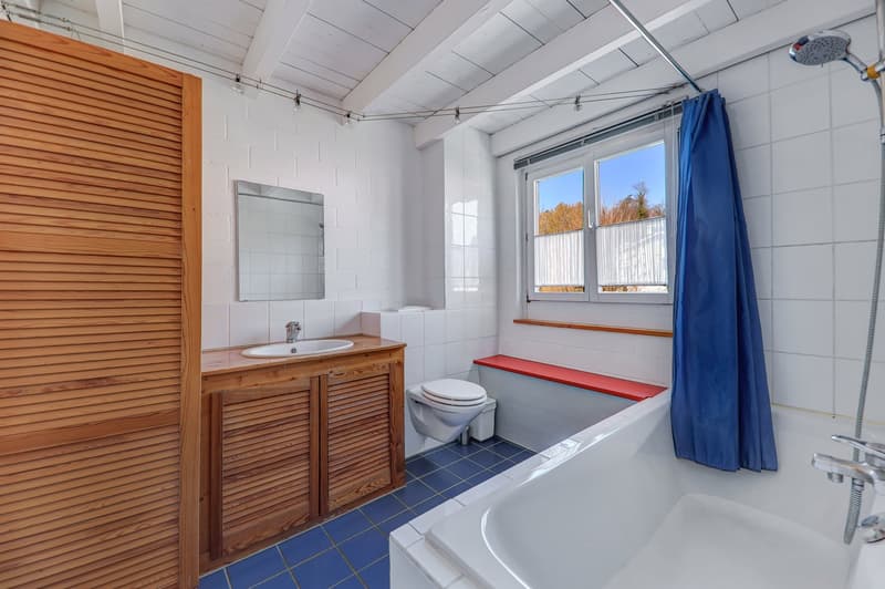 Bathroom with white tiles, wooden cabinet, sink, toilet, bathtub, shower, mirror, blue shower curtain