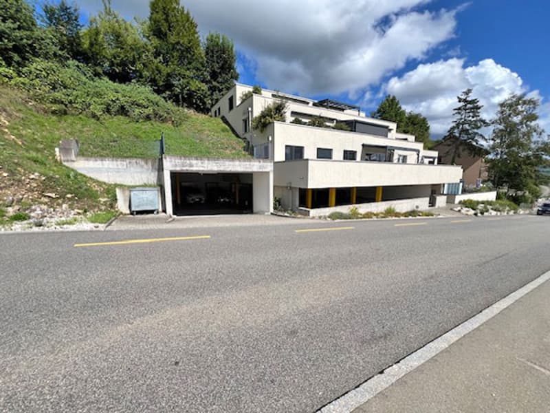 Modern house with garage integrated into the hillside, white exterior, yellow lines on the road, residential area