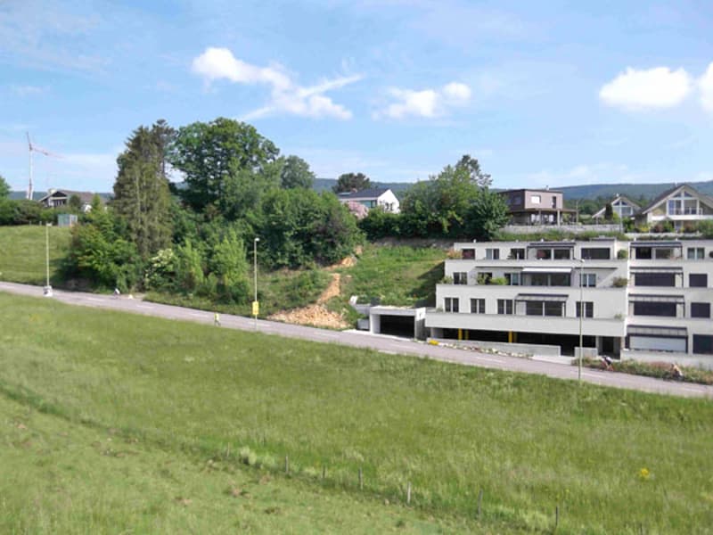 Apartment building, raised ground floor, modern architecture, located on a sloped terrain, greenery