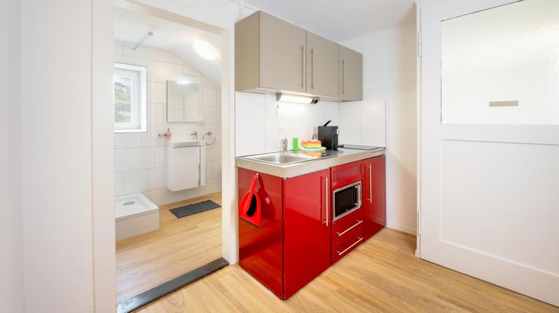 Modern kitchen with sink, cabinet, red microwave, white tile walls, small shower, small window, mirror