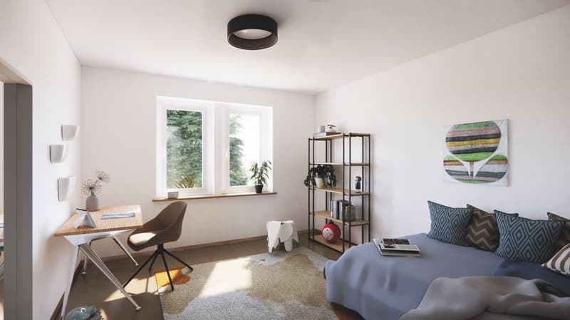 bedroom with desk, double bed, shelves, rug, chair, plants, window, lamps