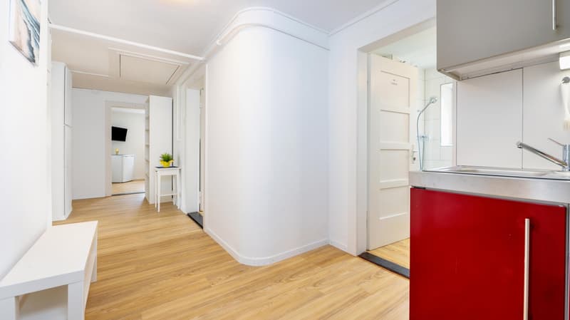 modern kitchen with white walls, wooden floor, stainless steel sink, red cabinet, white bench, small table with plant