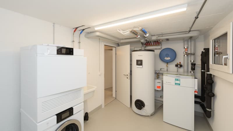 Technikraum mit eigener Erdsonden-Wärmepumpe und Waschturm