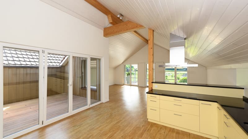Küche mit dem "Hof-Balkon" und dem Blick in den Wohnraum