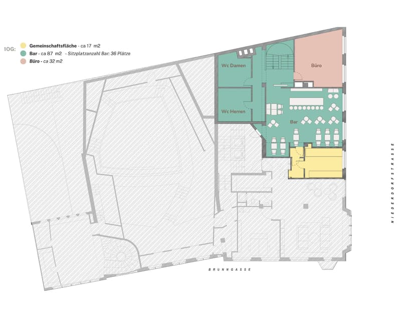 common area, 2 restrooms, office, bar with seating for 36 people