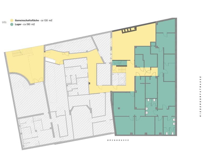 Multi-room floor plan with different spaces marked out, including Gemeinschaftsfläche and Lager.