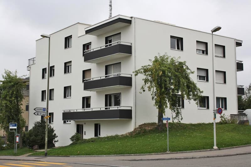 modern white building, 3 floors, balconies, green grass, street lights