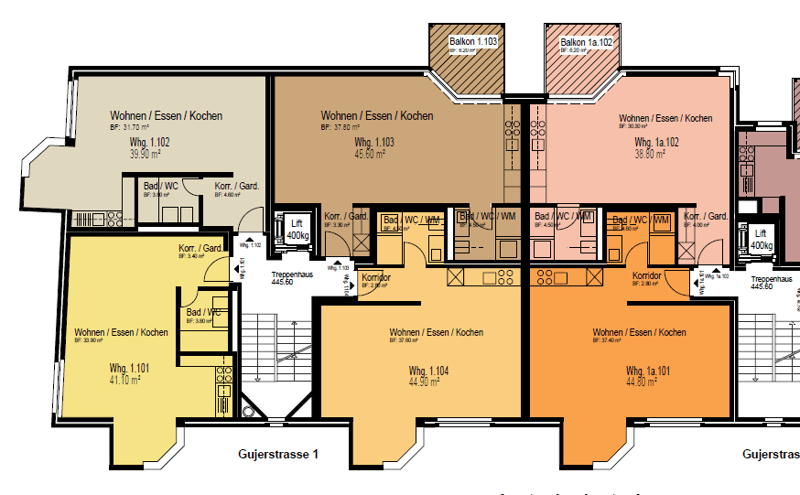 3 floors, multiple living areas, kitchens, 5 bedrooms, 6 bathrooms, 2 balconies, staircases, lifts