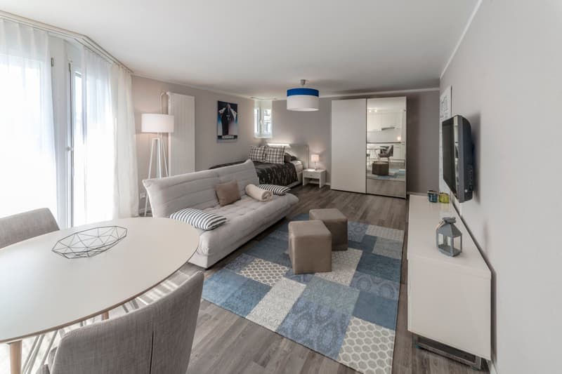 Open-concept studio apartment with hardwood flooring, gray and blue color scheme, large sofa, dining table, bedroom area with bed, and a balcony or terrace visible through the windows.